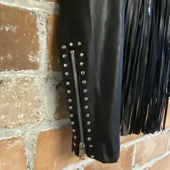 Coffee Bean Star Studded Faux Leather Fringe Black Moto Motorcycle Jacket Medium - Picture 3 of 13